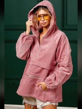 BiBi Rose Pink Corduroy Hooded Pullover Jacket